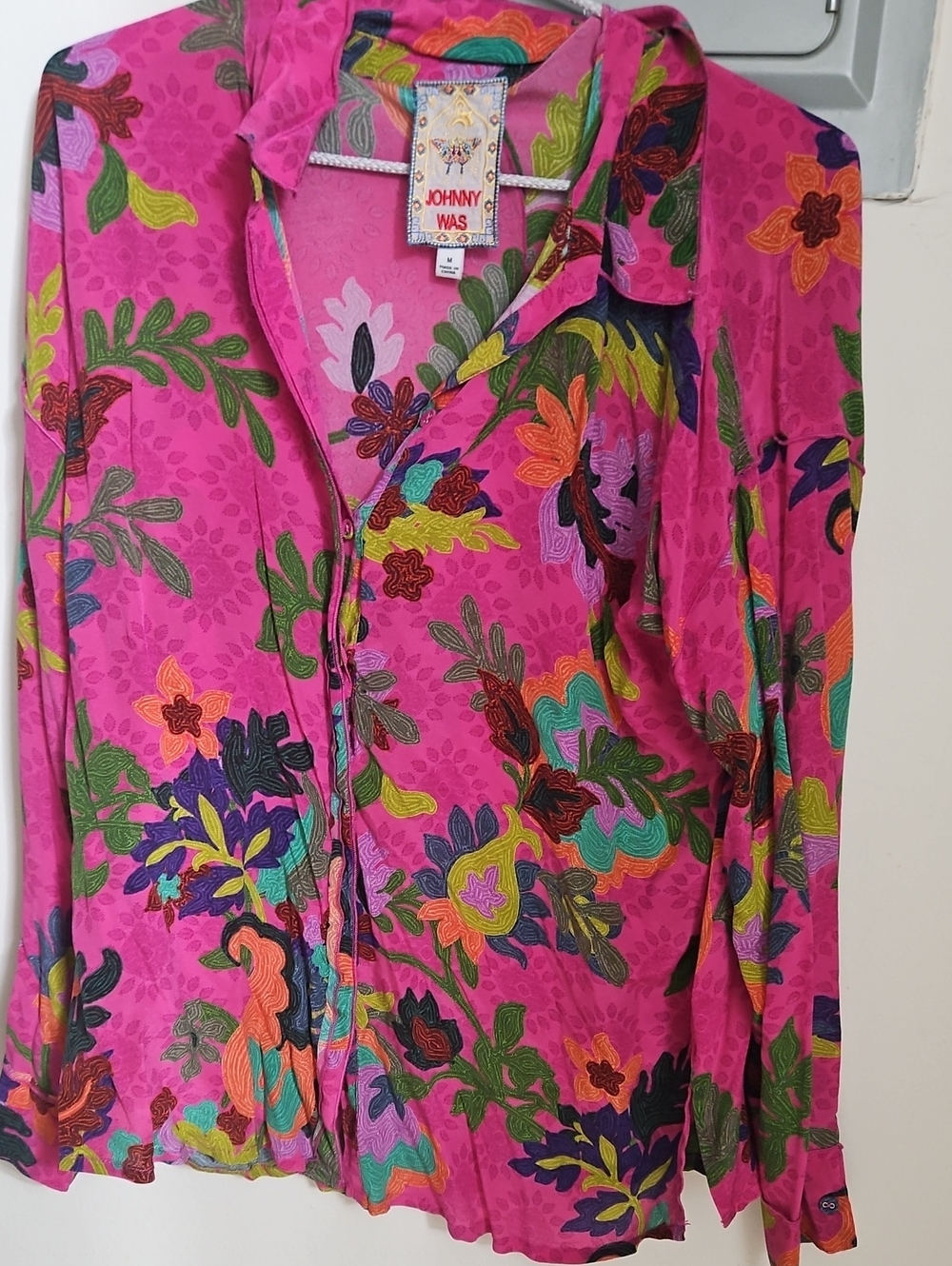 Johnny Was Hot Pink Floral Embroidered Button-Down Top